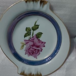 Vintage Porcelain Lusterware Rose Flower Ashtray,6 inches Wide. Trimmed in Gold